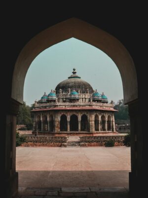 Exterior view of Tomb of Isa Khan located inside Humayun tomb in India in Delhi in daytime under clear blue sky