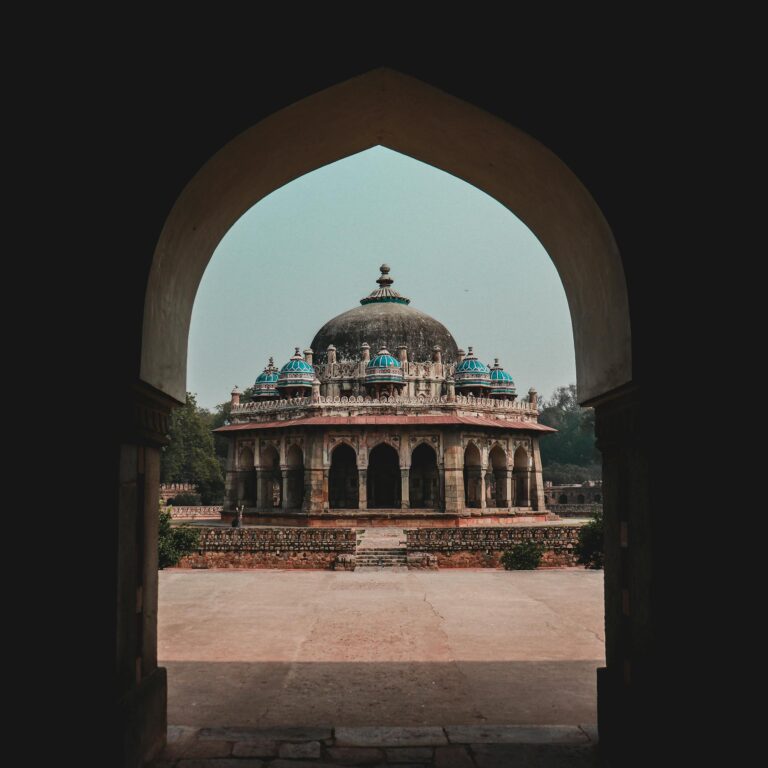 Exterior view of Tomb of Isa Khan located inside Humayun tomb in India in Delhi in daytime under clear blue sky